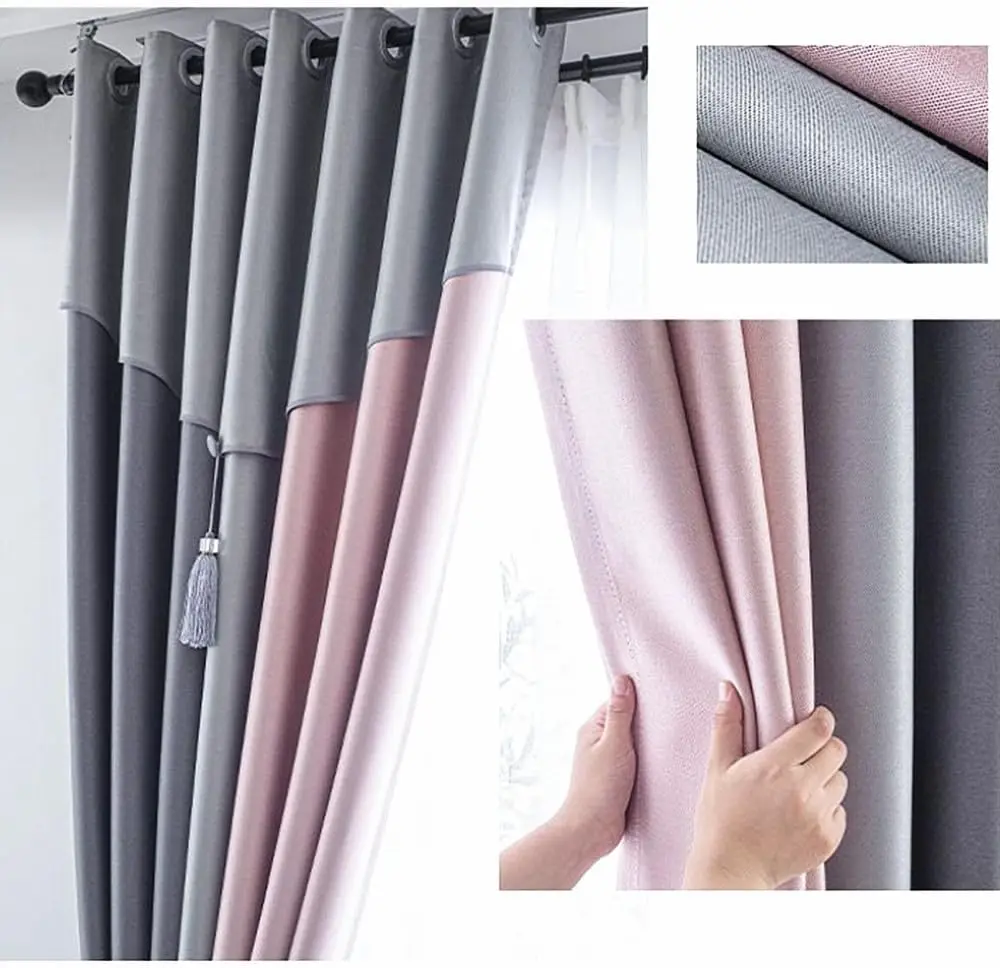 1 Panel 140cm Width Splicing Curtain for Living Room Bedroom Three Color Combination Curtain with Valance and Tassel