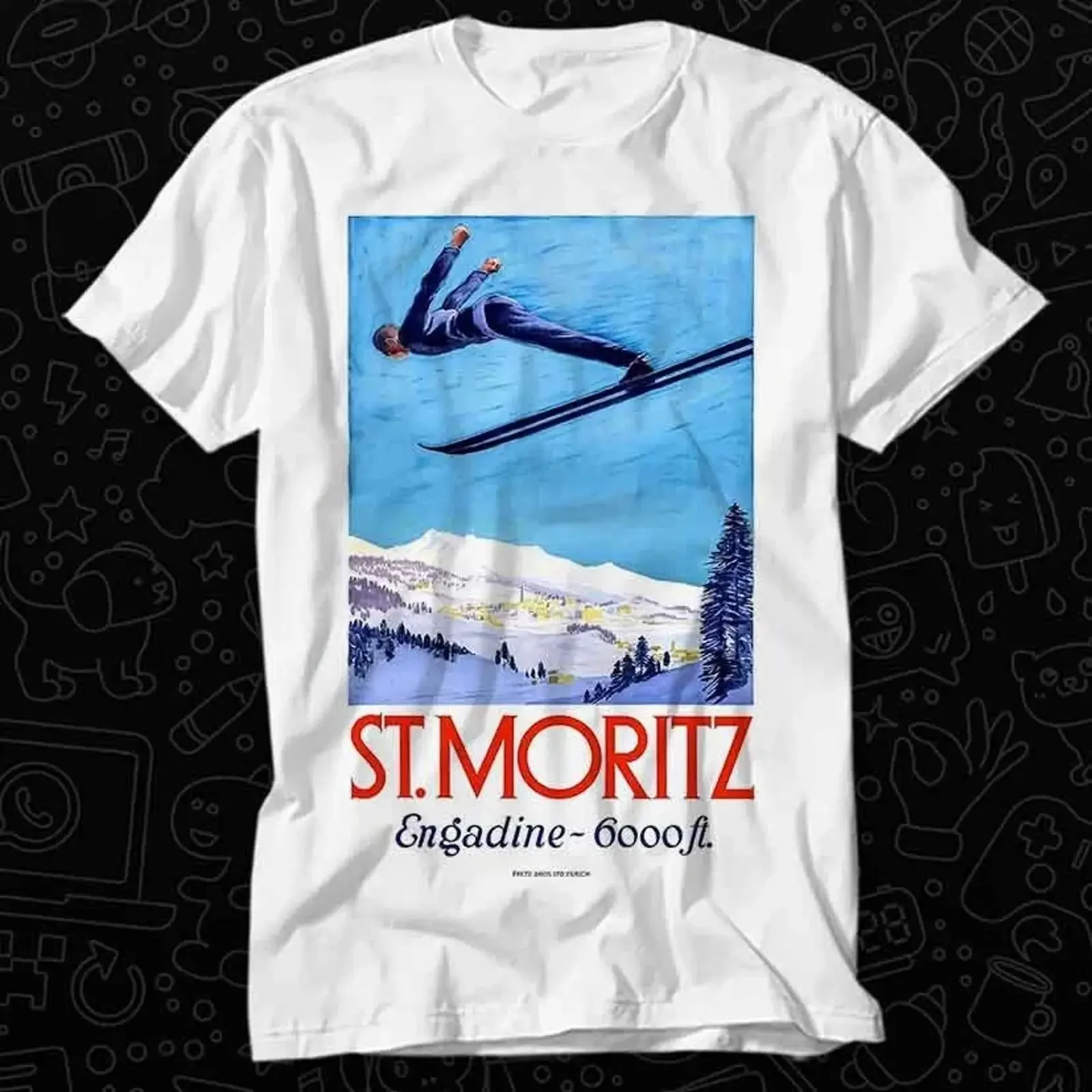 1928 St Moritz Skipringer Switzerland Travel Poster T Shirt 507 vintage Washed Breathable Stylish designer clothes Comfortable