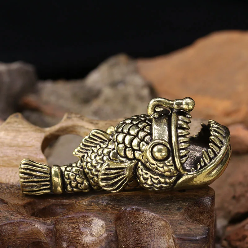 Vintage Brass Lantern Fish Miniature Figurine Solid Metal Sea Animal Marine Creatures Desktop Statue Ornament Decor Tea Pet Gift