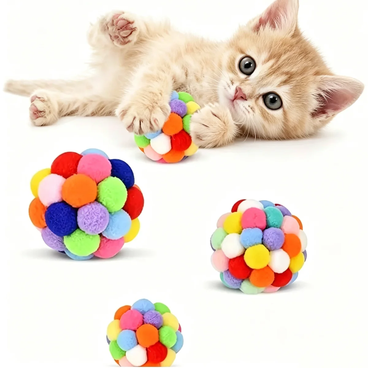 3 Pcs Cat Plush Ball Toys Pet Elastic Bell Ball  Interactive Kitten Play Toy Colorful Woolen Ball Suitable  For Indoor Training