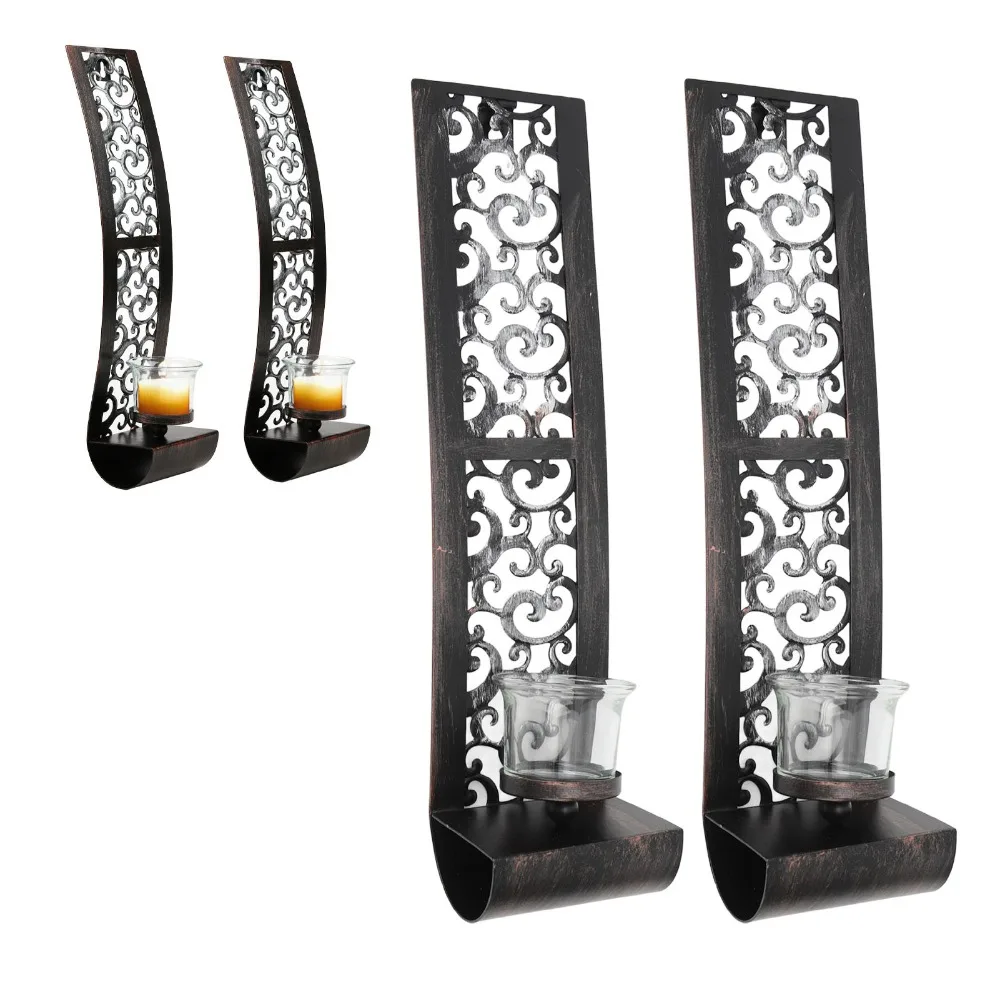 2pcs Elegant Iron Wall Candle Holder 14.2x2.8x3.5in Balck Wall Candlestick Hanging Design Iron Wall Art Decorations For Home