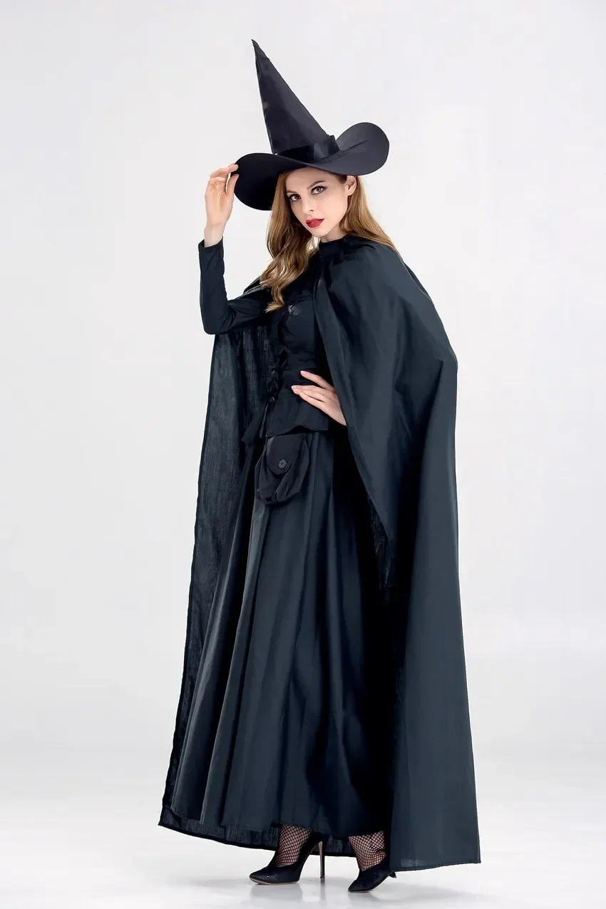 Volwassen Vrouwen Halloween Heks Gothic Kostuum Lange Gewaad Jurk Zwart Cosplay Vintage Mantel Fancy Outfit