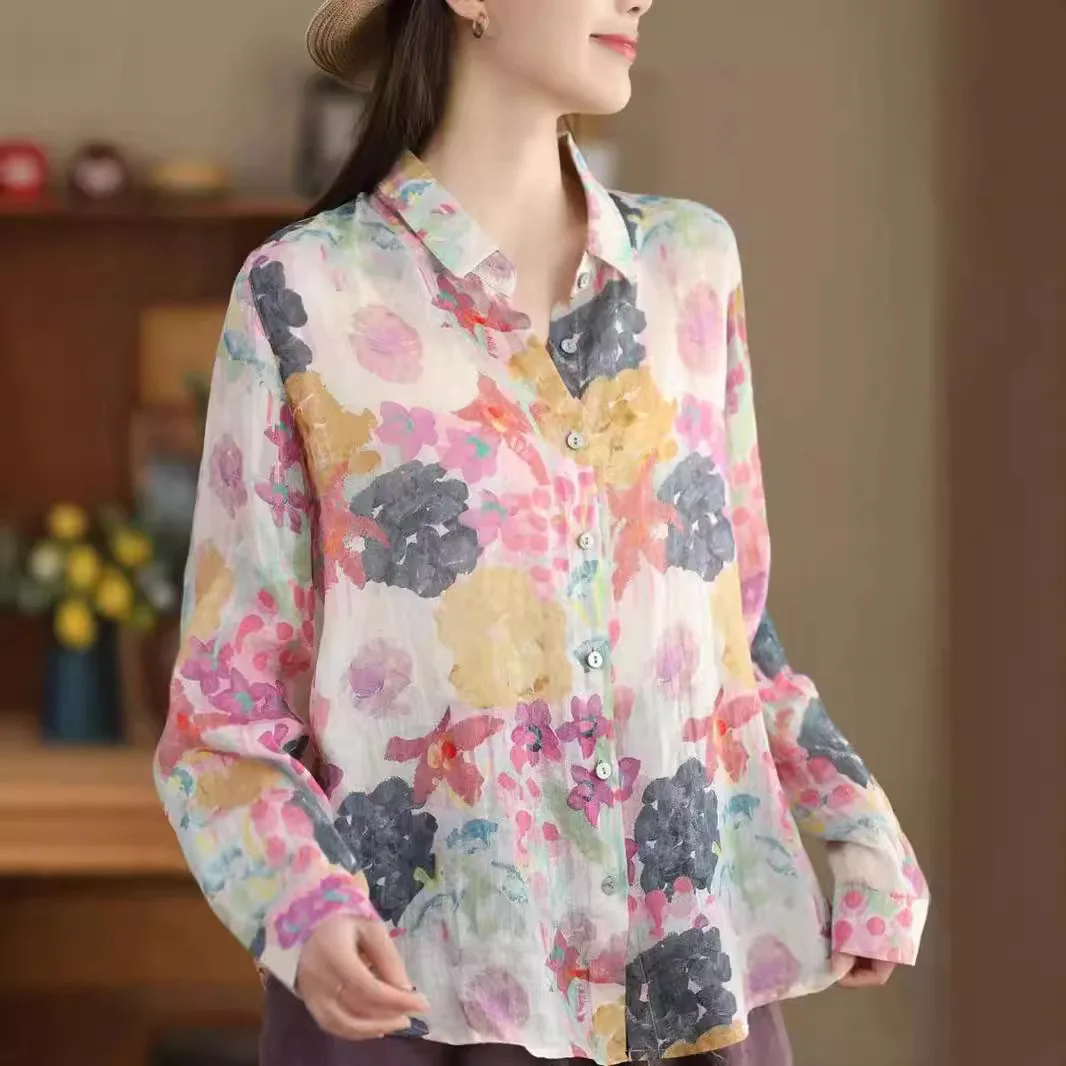 قميص رامي فاخر مطبوع عليه زهور على الموضة الربيعية للنساء بأكمام طويلة وفضفاض غير رسمي ملابس الشارع الشهير بلوزات يومية #2