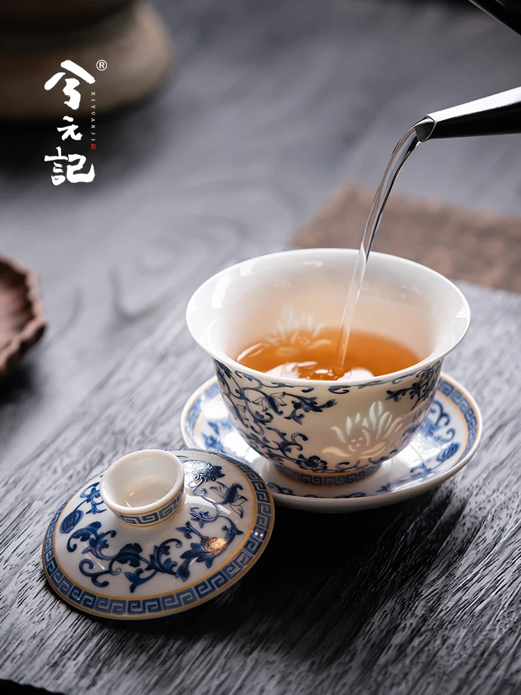 Blue and White Mutton Fat Jade Rice-Pattern Decorated Porcelain Sancai Gaiwan Tea Cup Single High-Grade Ceramic Making Teaware