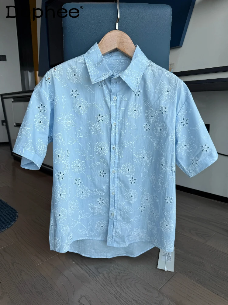 

Men's 2026 Summer New Loose Comfort Lapel Tops Trendy Floral Jacquard Hollow Out Short Sleeve Shirts Male Simple Breathable Tops