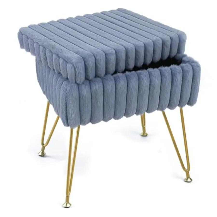 

Vanity Stool Chair with Storage Faux Fur Soft Padded Ottoman with Coffee Table Modern Vanity Chair Fluffy Footstool with Metal