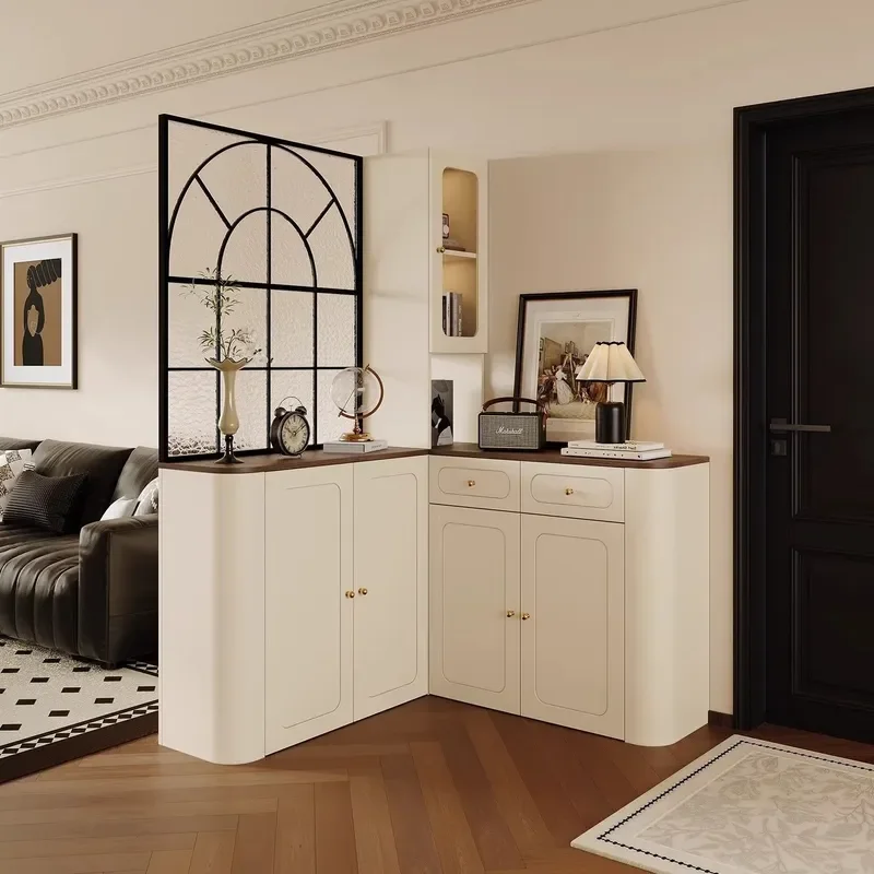 French Retro Entrance Cabinet Front Door Screen Partition Arc Corner L Shaped Shoe Storage Locker for Living Room
