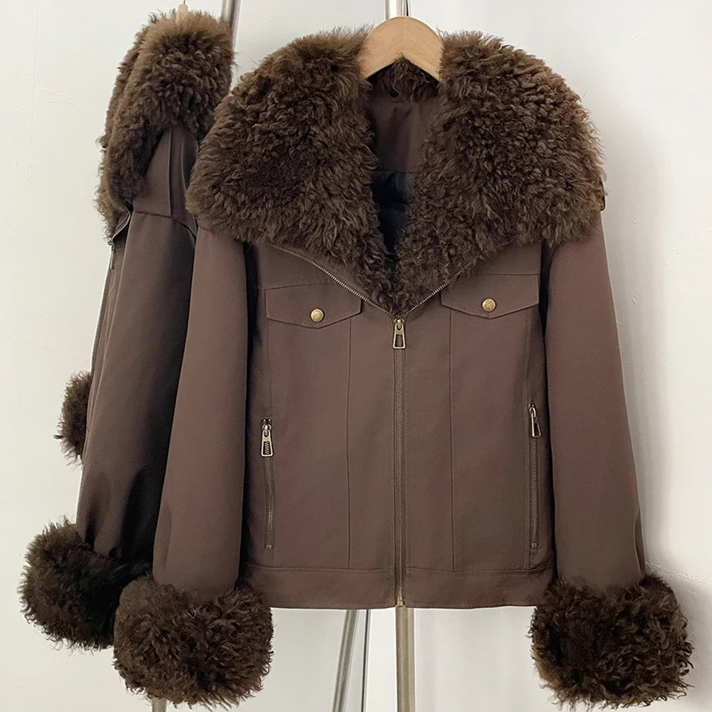 OFTBUY Damen Neue Winter-Daunenjacke mit Echtem Lammfellkragen, Natürlicher Pelz, Warme Steppjacke, Modischer Freizeitmantel, Oberbekleidung – Detail 12