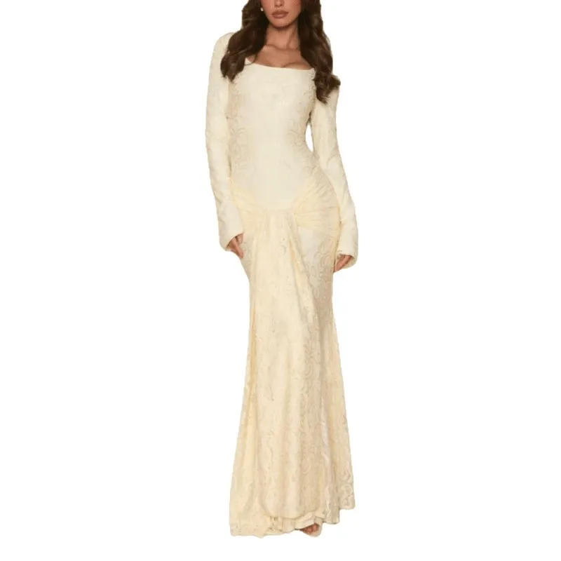 Nouvelle robe à manches longues pour femmes européennes et américaines, tempérament streamer en dentelle, robe longue ajustée pour femmes