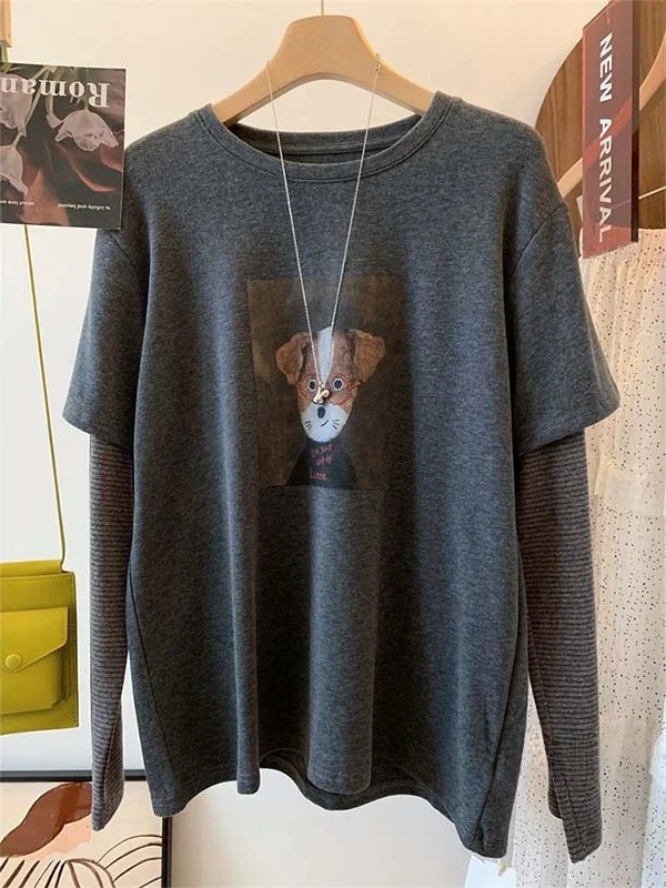

Женская свободная футболка с длинным рукавом для ранней осени, с принтом собаки в очках, повседневный топ в корейском стиле, худи из полиэфирного волокна