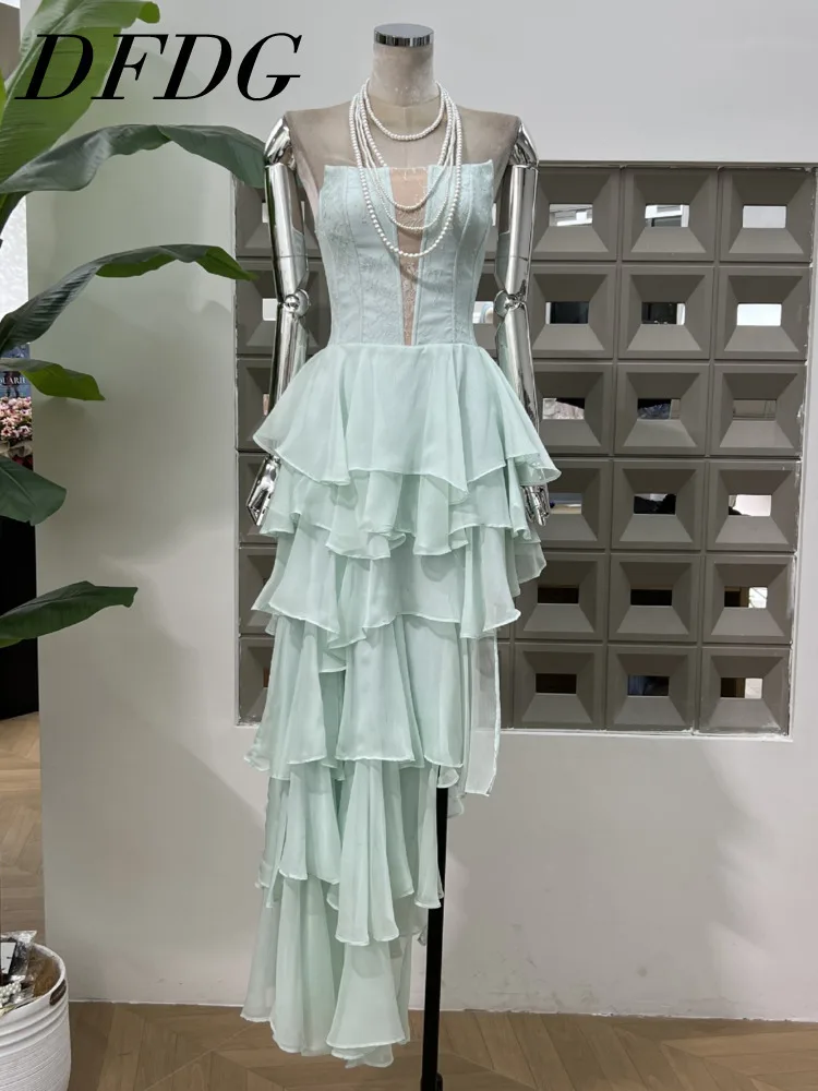 

DFDG Women’s 2025 Elegant Strapless Tiered Cocktail Dress Irregular Lace Trim Sash Waist Spring Summer Designer Boutique Dress