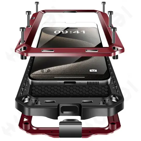 Custodia per iPhone 17 16 15 14 13 12 11 Pro Max XS XR 8 7 Plus SE Custodia protettiva antiurto per tutto il corpo in metallo resistente 360