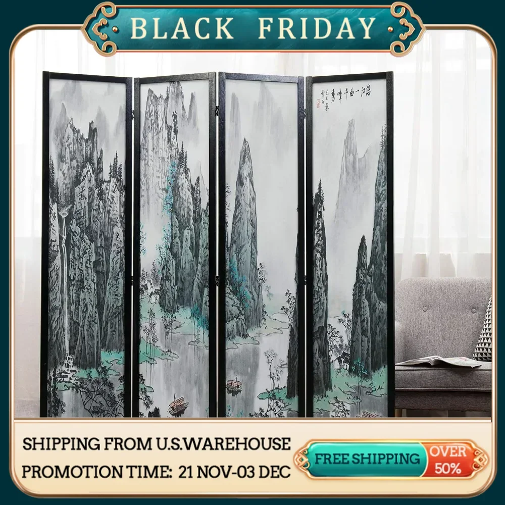 Folding Screen Separator 4 Panel Folding Room Partition Asian Watercolor Oriental Landscape and Chinese Calligraphy Design Home