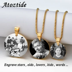 Atoztide Personalized Round Brand Engrave Name Necklace Stainless Steel Words Letter Picture Box Chain Birthday Jewelry Gift