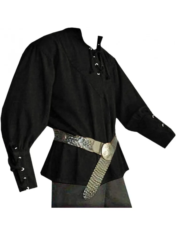 

Мужская средневековая рубашка на шнуровке с пиратским номером, шотландская рубашка с широкими манжетами, костюм эпохи Возрождения, топ викингов (пояс в комплект не входит)