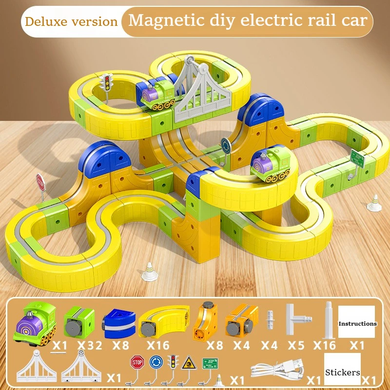 129PCS Creative Large Particles Diy Electric Magnetic Track Train Set Building Blocks Educational Toys Gift For Children Kids