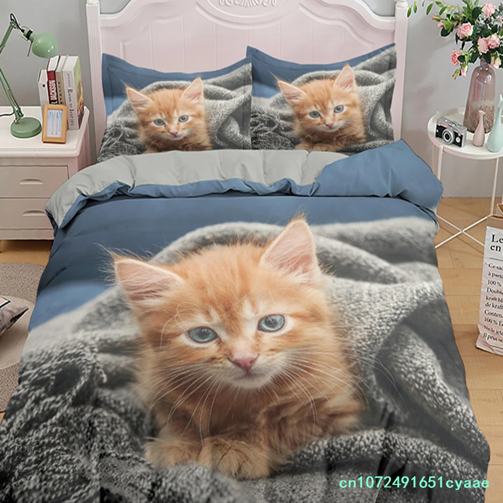 Little Cat Duvet Cover King Queen Size 3D Grey Cute Kitten Bedding Set For Adults Lovely Animal 2/3pcs Polyester Quilt Cover