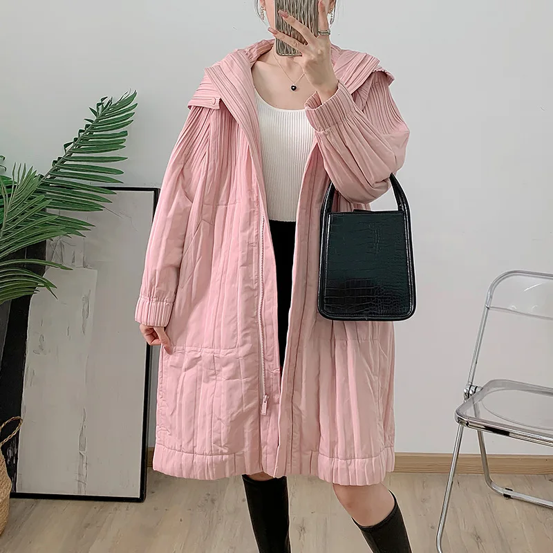 Fashion Pleated Long Women's Jacket 2024 Autumn and Winter Models Loose Plus Size Leisure Solid Slim Hooded Warm Cotton Jacket