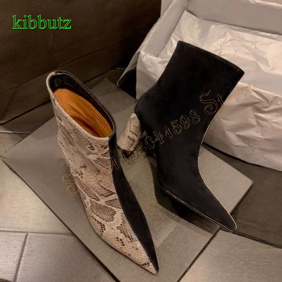 

Snake Print Leather Suede Paneled Boots,Fashion Pointed Toe Chunky Mid Calf Boots Party Women Boots 2024 New Zapatos Para Mujere