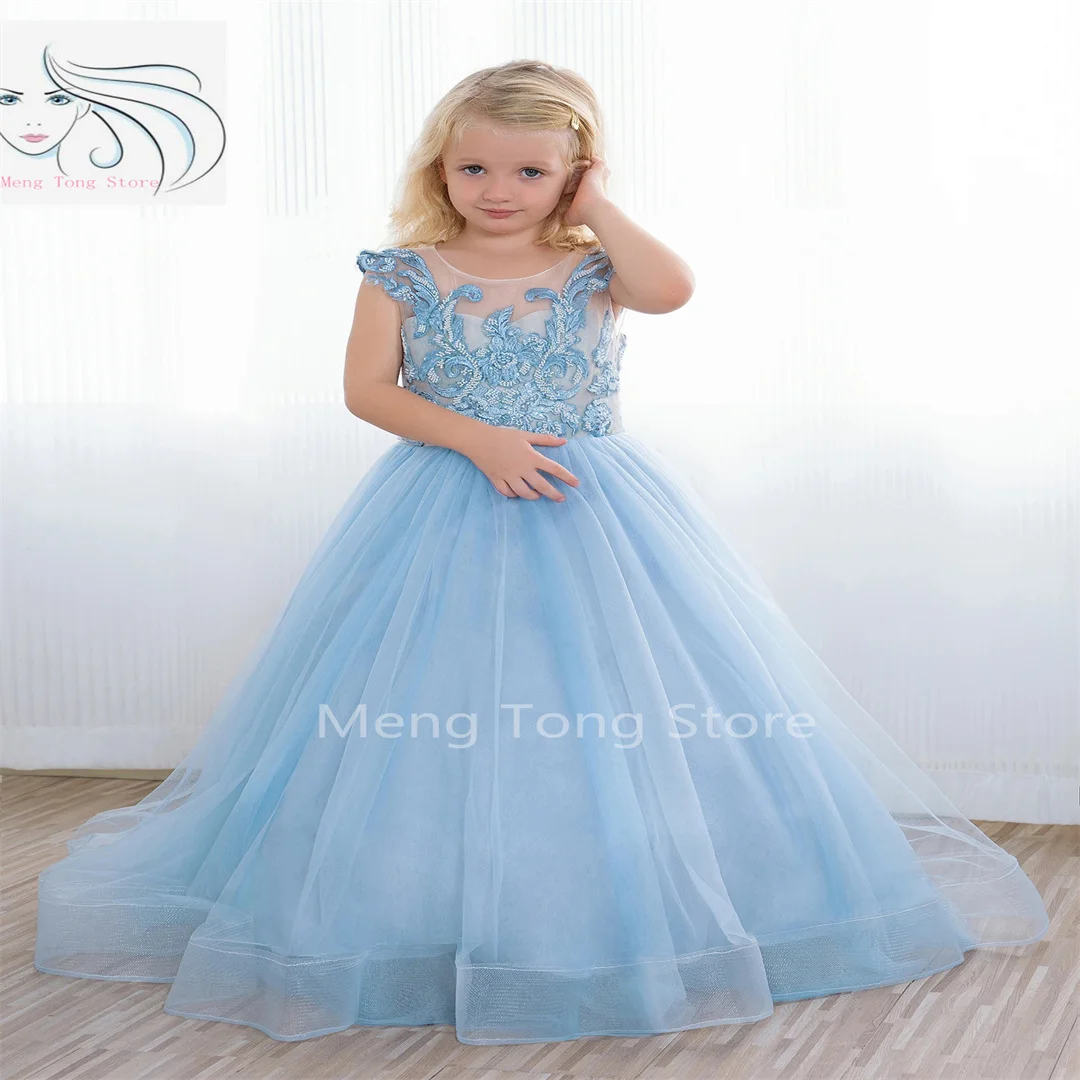 

Light Blue Flower Girl Dress Beading Stons Corest Junior Bridesmaid Ball Gown for First Communion Birthday Dresses