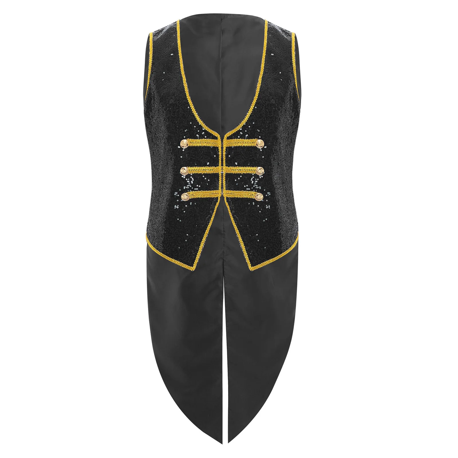 남자 반짝 이는 스팽글 Ringmaster Tailcoat 조끼 양복 조끼 할로윈 테마 파티 롤 플레잉 의상을위한 골드 트림 민소매 자켓