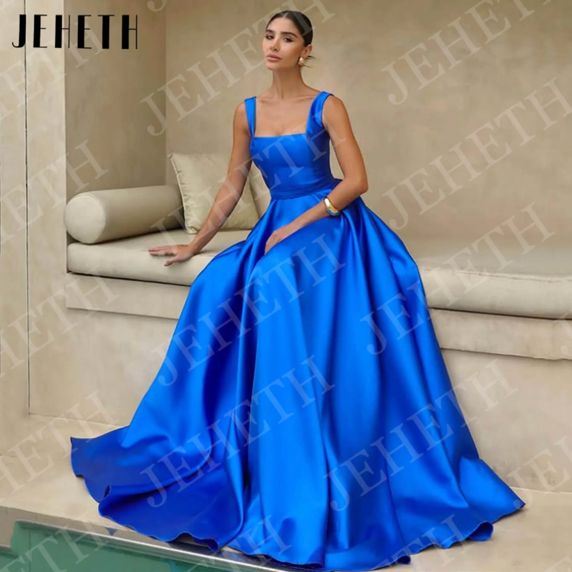 فساتين سهرة JEHETH باللون الأزرق الملكي على شكل حرف A فستان أنيق للحفلات الراقصة من الساتان برقبة مربعة للحفلات الرسمية للنساء بطول الأرض حسب الطلب الملكي الأزرق فساتين المساء خط أنيق فستان حفل السفينة الساتين مربع الر #3