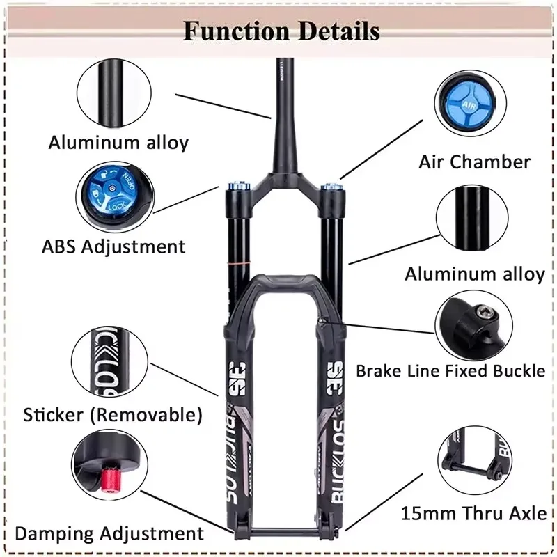 BUCKLOS 27.5/29 Inch MTB Air Suspension Fork 110*15mm Thru Axle 36mm Stanchion 160mm Travel Disc Brake E-bike Front Fork view 4