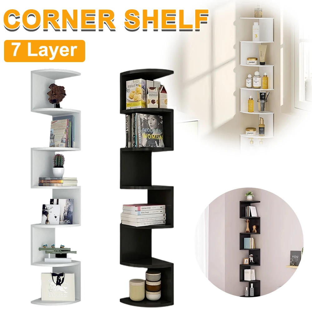 7-stufiges Eckregal, Schwarz / Weiß, 8 mm dickes, wandmontiertes Aufbewahrungsregal für Wohnzimmer, Schlafzimmer und Arbeitszimmer, platzsparendes 90-Grad-Design mit abgerundeten Kanten und leicht zu