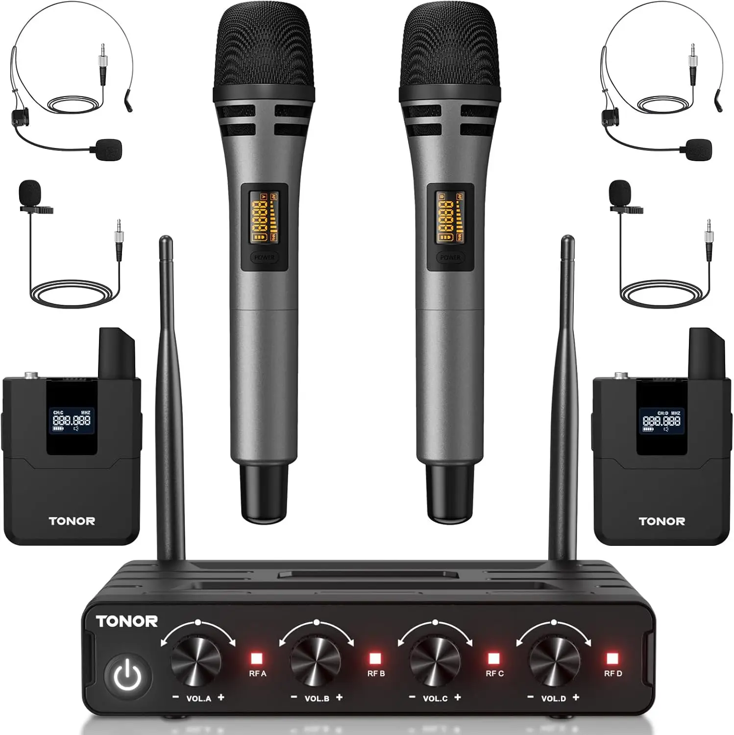 

Wireless Microphone System 4 10 Channel UHF Cordless Handheld Mic Set with Headset Lavalier Lapel Mics Bodypack Transmitter