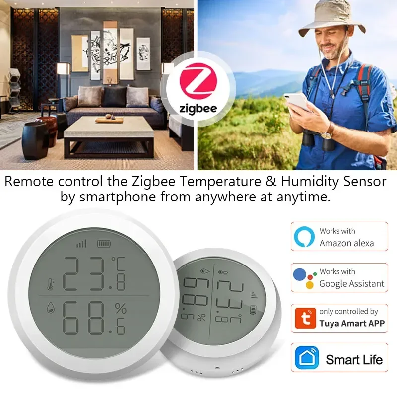Sensor inteligente de temperatura y humedad Tuya ZigBee, pantalla LED inalámbrica que funciona con el asistente de Google, Tuya Zigbee Hub