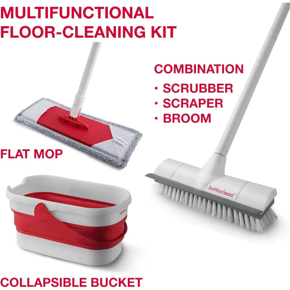 Foldable Mop Bucket Set with Heavy Duty Scrub Mop and Broom, Outdoor Mop and Bucket with Wringer Set for Home, Collapsible Indoo