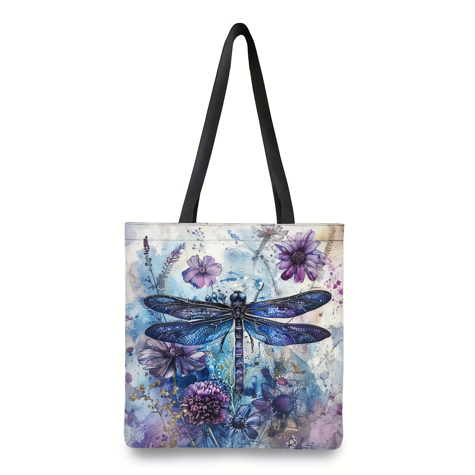 Vibrant Dragonfly & Floral Design Tote Bag Dragonfly Is Flying Shoulder Bags Multicolor Polyester Casual Reusable Shopping Bag