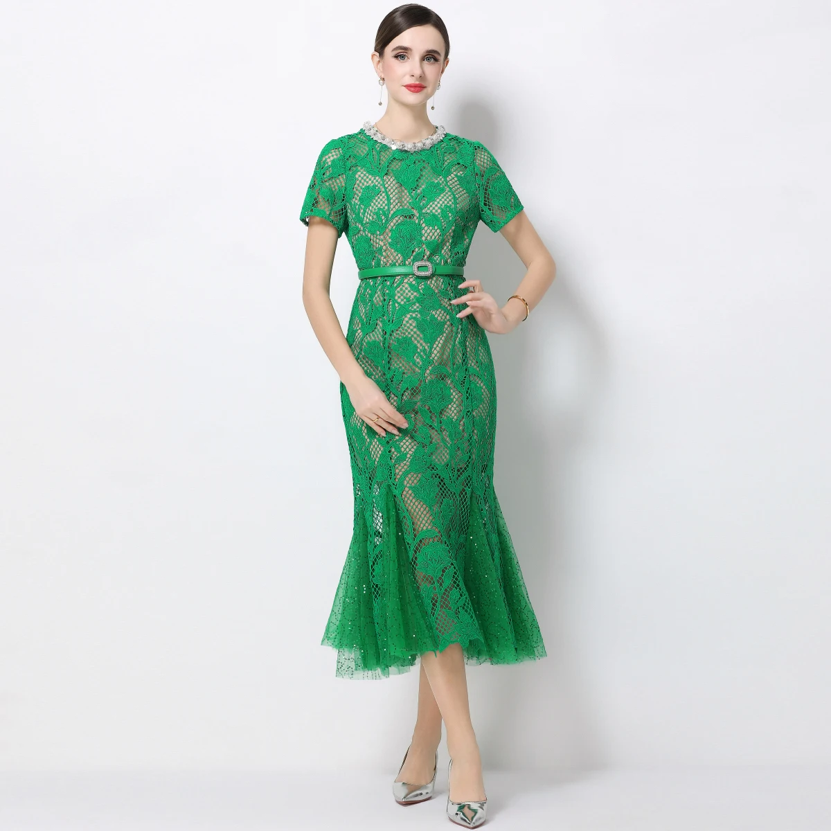 

Роскошное кружевное вечернее платье с кристаллами, женское летнее платье с коротким рукавом и белым воротником, синее однобортное платье-карандаш с бусинами, длинные вечерние платья