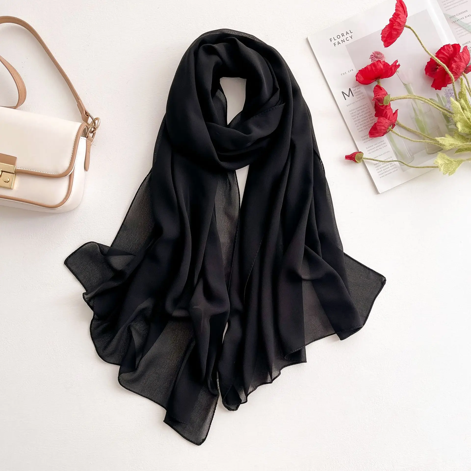 New Solid Color Chiffon Silk Scarf Women's Super Long Sunshade Shawl Scarf Spring and Summer Travel Scarf Feel Monochrome Yarn