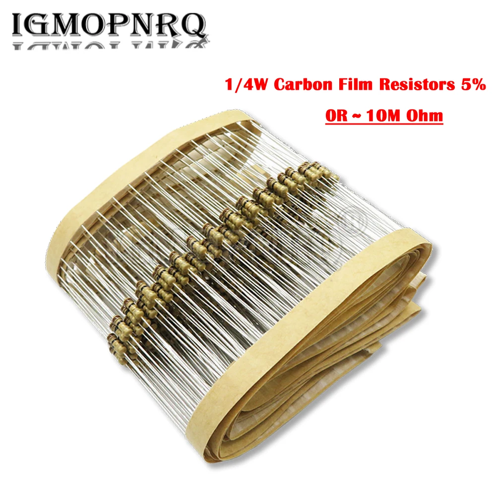 100PCS 5% 1/4W Carbon Film Resistors 1R-10M 1K 5K 10K 4K7 100K 560K 1M 3M3 Ohm Color Ring Resistance 10R 20R 47R 100R 150R 220R