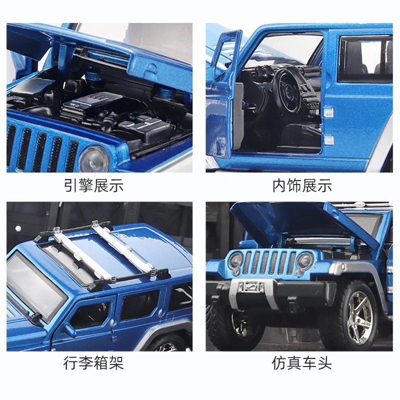 1:32 رانجلر على الطرق الوعرة سبيكة سيارة نموذج سبيكة ضوء تأثير الصوت التراجع 3 باب تصميم دييكاست سبيكة سيارة نموذج تحصيل