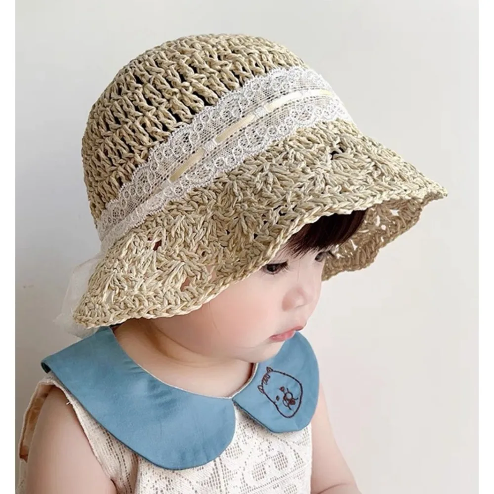 

Straw Hat Kids Summer Sun Visor Hat Wide Brim Lace Bow Hollow Crochet Sunhat Children Seaside Headwear Cap Boy Girl Bucket Hat