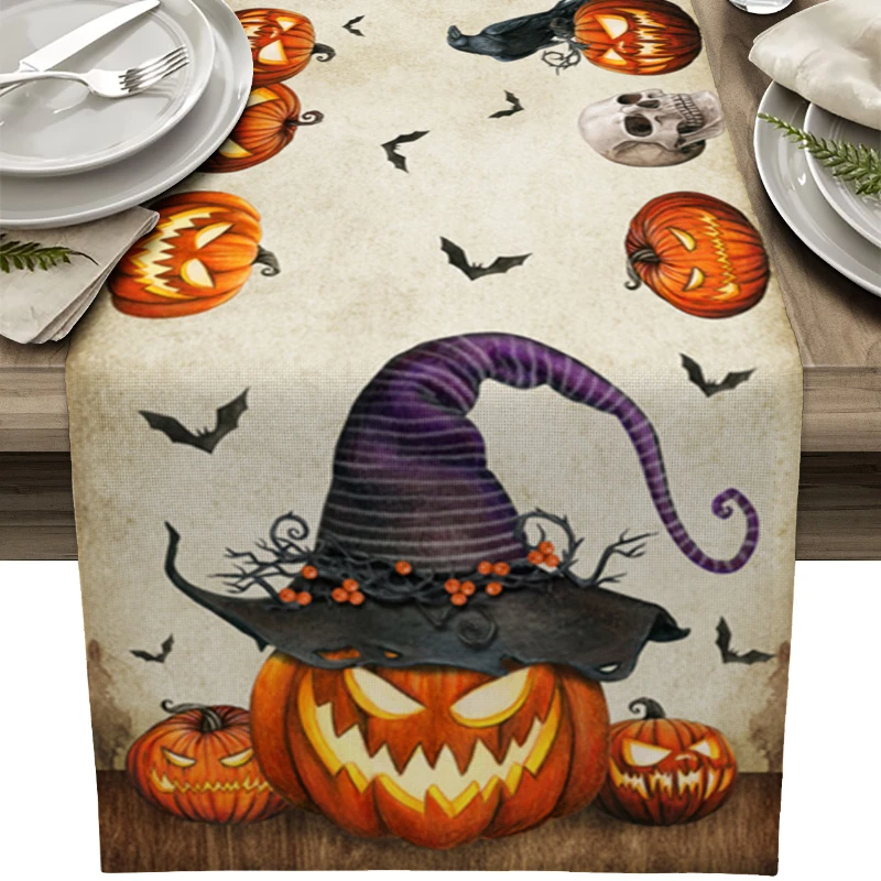 

Halloween Linen Table Runner Scary Smiling Pumpkins and Bats Holiday Decoration Table Runner Christmas Dinner Party Decoration