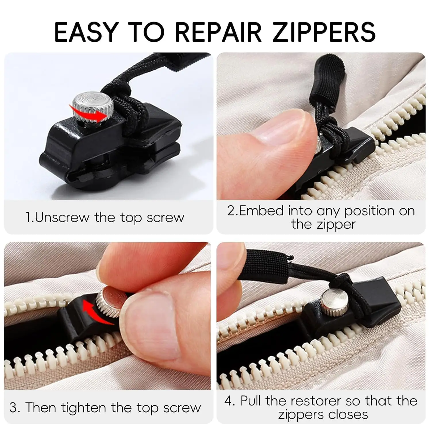 3Pcs Universal Zipper Repair Kit Zipfix Quick Instant Detachable Zipper Head Replacement Zipper Slider Pull for Jacket Bags Coat