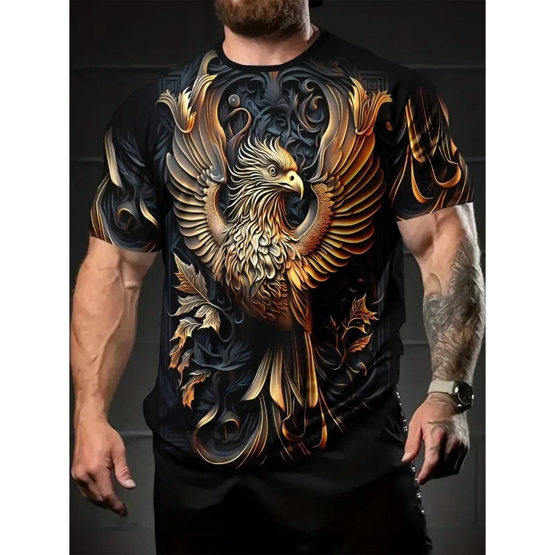 

Summer Street Short Sleeve Round Neck Tops Loose T-Shirts Colorful Cool Eagle Pattern T Shirt for Men Flame 3D Printed Tees
