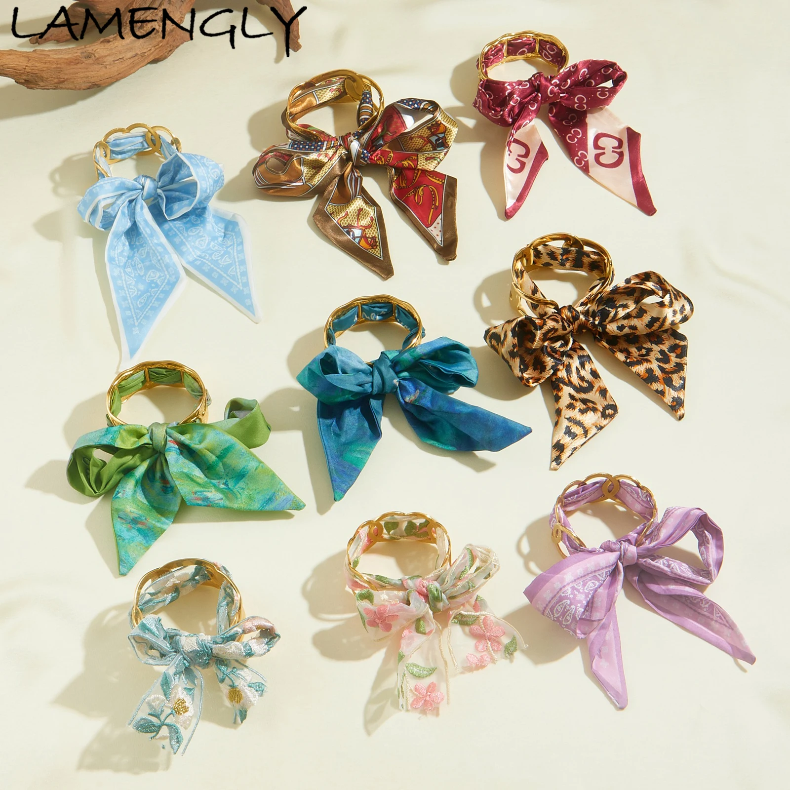 

LAMENGLY Golden Hollow Oval Design Bracelet Colorful Ribbon Wrap Bowknot Open Bangle Lady 316L Stainless Steel Exquisite Jewelry