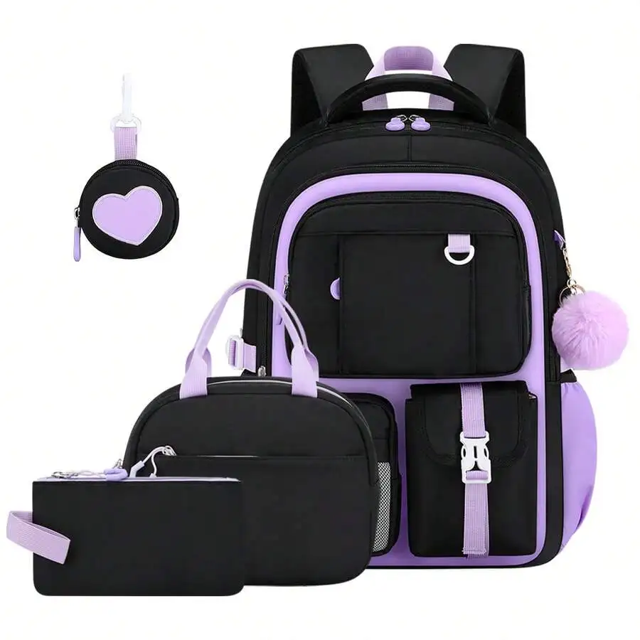 4PCS Heart-Shaped School Backpack Set With Handbag Pouch Embroidery, BagBack-To-School Backpack, Lightweight High-Capacity Book