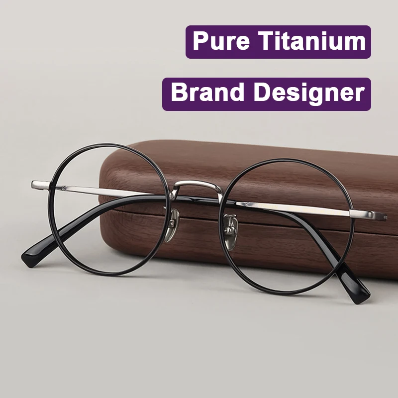 

Brand Designer Design Retro Small Round Eyeglass Pure Titanium IP Coating Glasses Ultra-light Smooth Contrasting Edges Frames