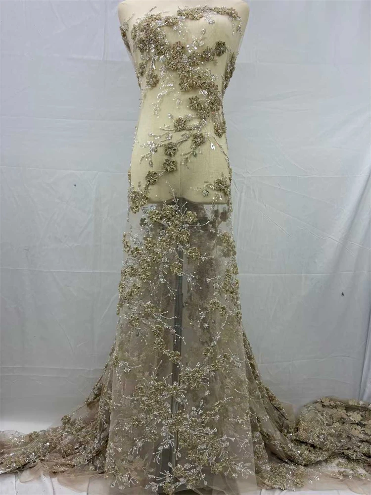 

African Sequins Beaded Lace Fabric 2026 High Quality Sequence Embroidery French Nigerian Lace Fabric For Wedding Dress Material