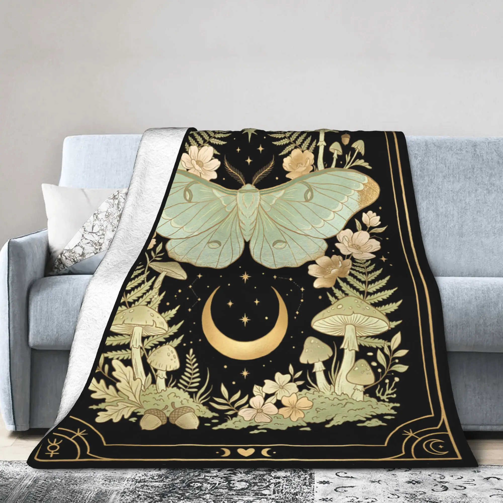 Goblincore Luna Moth Tarot Map Moon Wool Blanket  Fashion Bedding Throw Blanket for Sofa Soft Hotel Portable