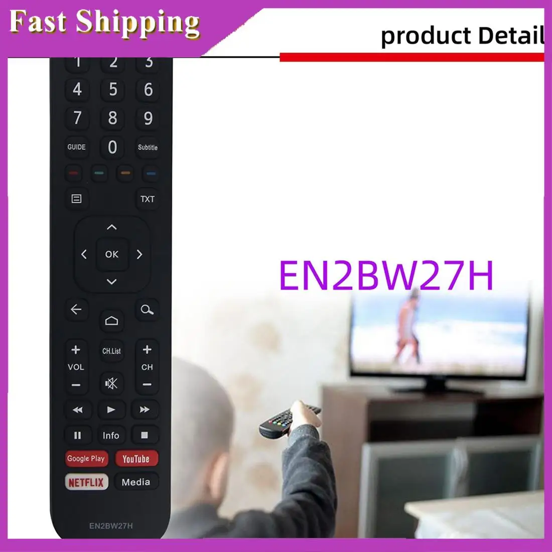 ABRI-Remote Control Replacement EN2BW27H For Hisense HD Smart TV With Google Play Youtube Netflix