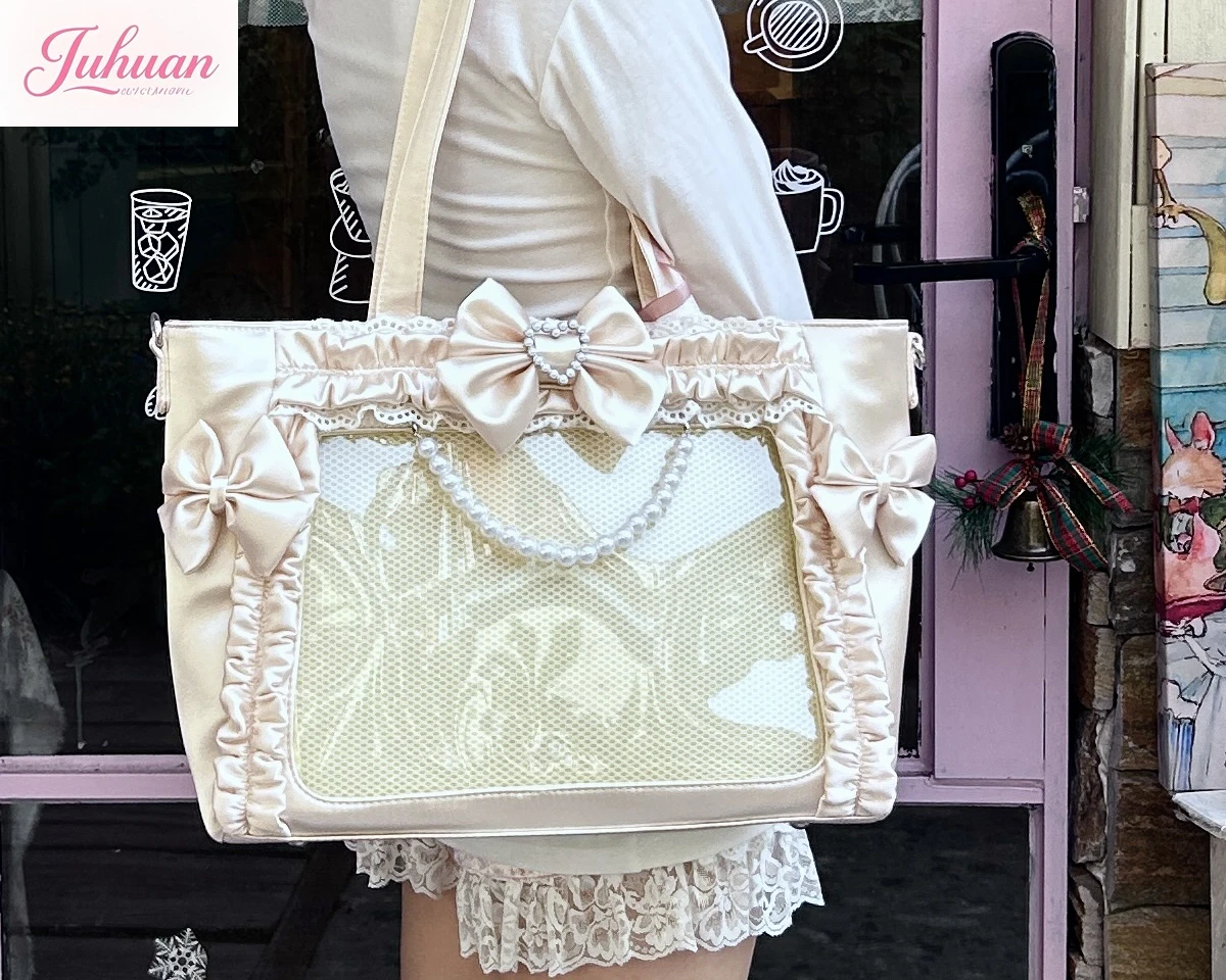 Japanese Lolita Satin Frilly Bow Pearl Lace Tote Bag women Sweet Large Capacity College Style Lta Bag Shoulder Handbag Ladies - Image 6