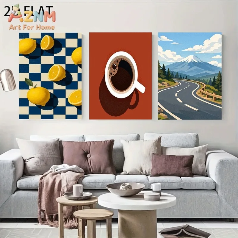 Retro Lemon Coffee Mountain Road Canvas Wall Art 3pcs Checkerboard Fruit Coffee Cup Highway Landscape Unframed Canvas Print For