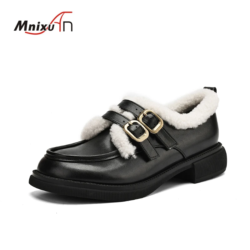 Large Size 41 42 43 Autumn Winter New Warm Fur Mary Jane Shoes Women Round Toe Platform Belt Buckle Casual Fluffy Oxfords Pumps