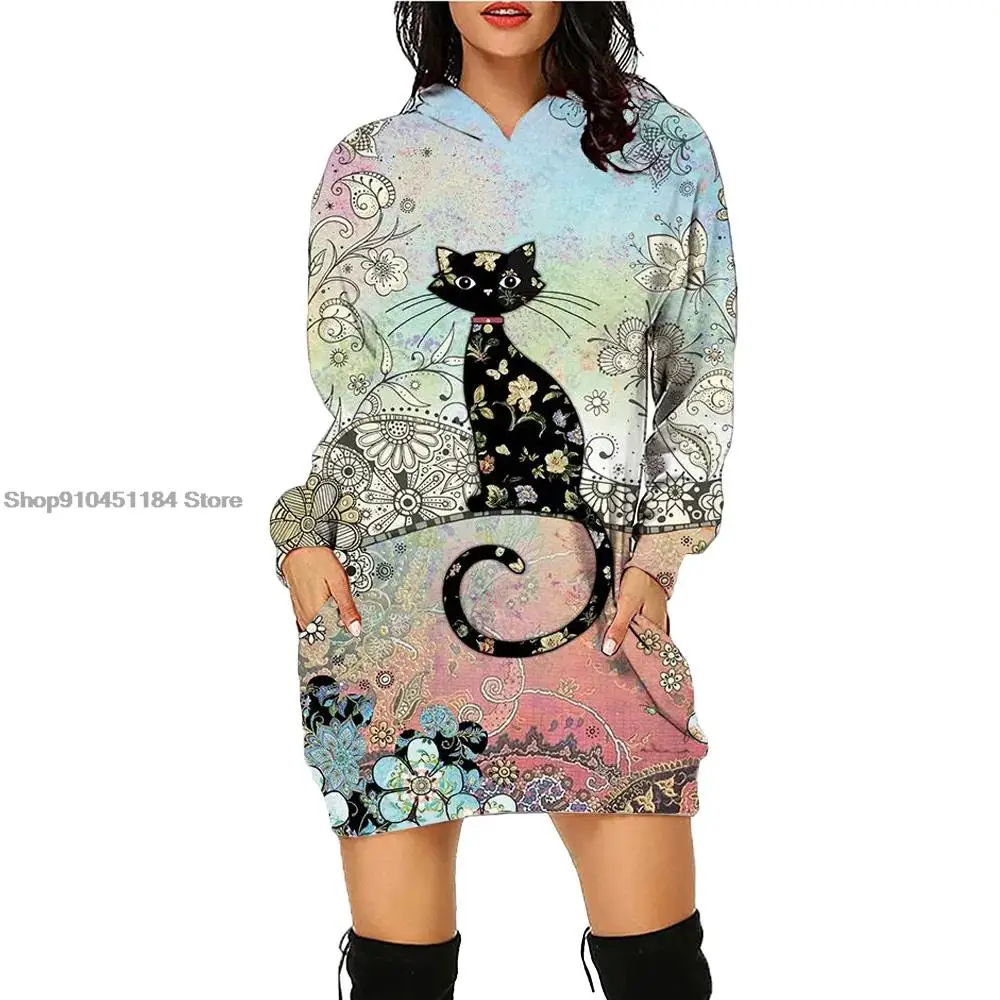 Cat printing Women Fashion Hooded Sweater Dress Daily Workout Hoodies Long Sleeve Pullover Autumn Winter Loose Sweatshirt Dress